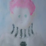 Watercolor of childlike portrait with pink hair and green eyes