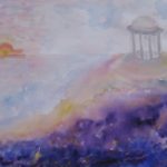 Watercolor painting of celestial dove temple with Libra symbol
