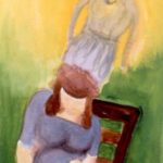 Watercolor painting of seated pregnant woman with spirit leaving