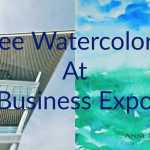 Blue and green watercolor painting with large business expo building