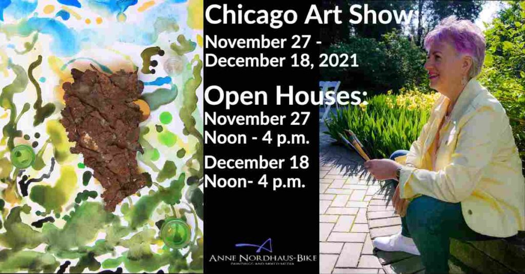 Chicago artist Anne Nordhaus-Bike with her mixed media work, Late Harvest