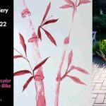 Chicago artist Anne Nordhaus-Bike, "Artist Anne," in garden with paintbrushes plus her red bamboo watercolor painting and holiday show dates