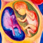 Watercolor painting of two babies in womb